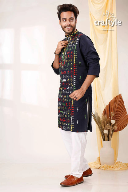 Oxford blue multithread work kantha stitch ethnic cotton kurta for men navy embroidered intricate 3