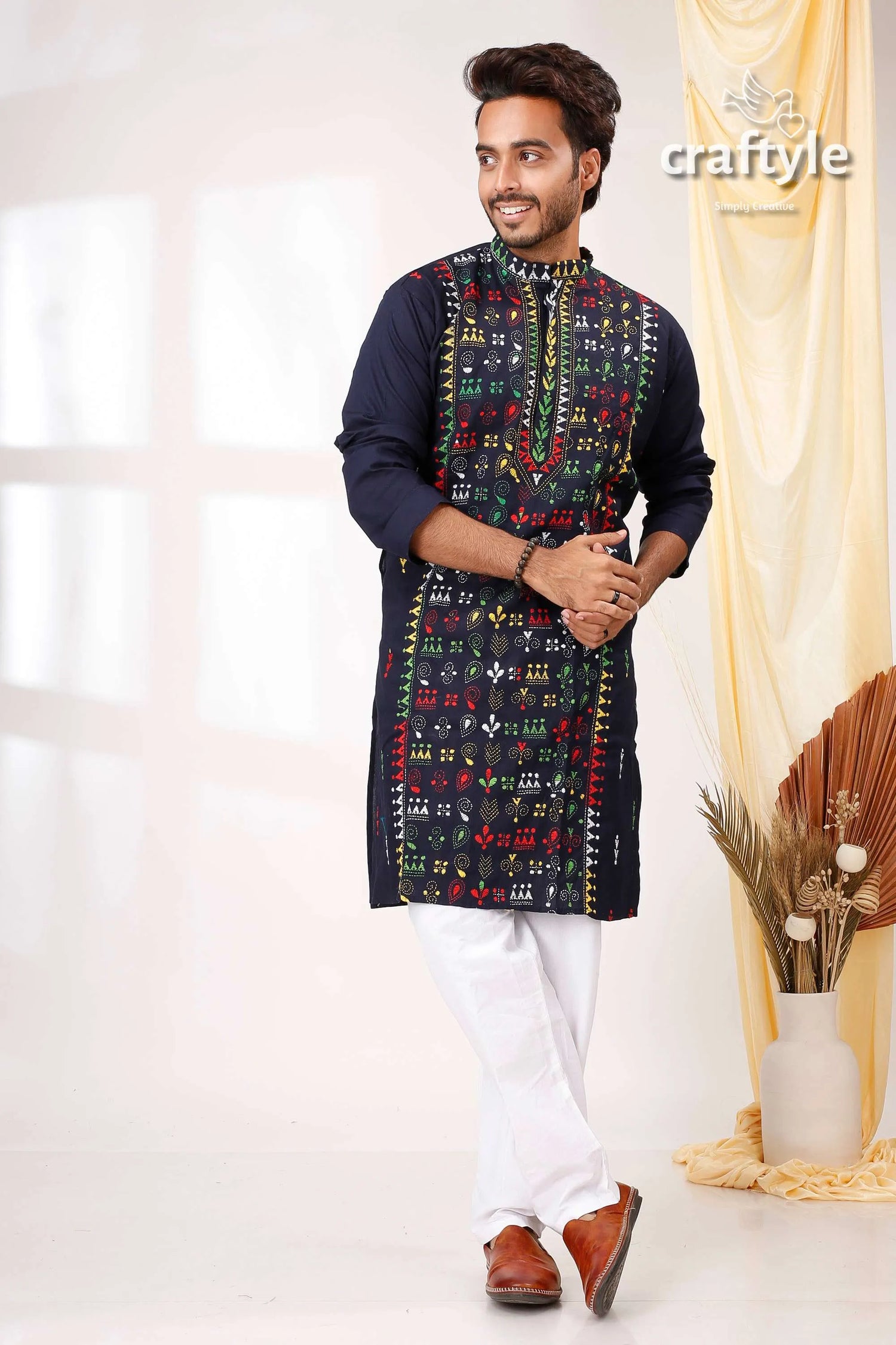 Oxford blue multithread work kantha stitch ethnic cotton kurta for men dark navy intricate multicolored 1