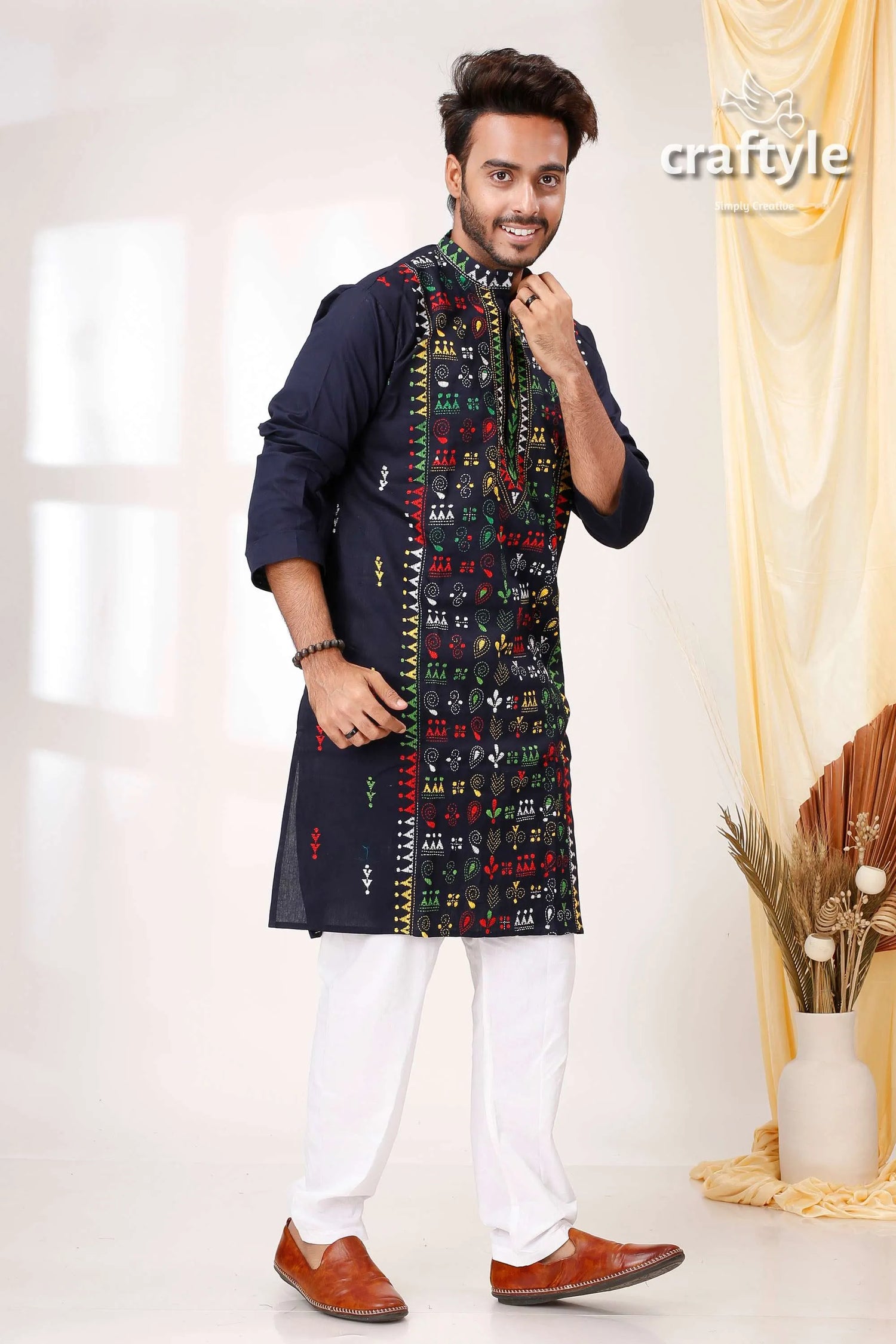 Oxford blue multithread work kantha stitch ethnic cotton kurta for men dark embroidered intricate 4
