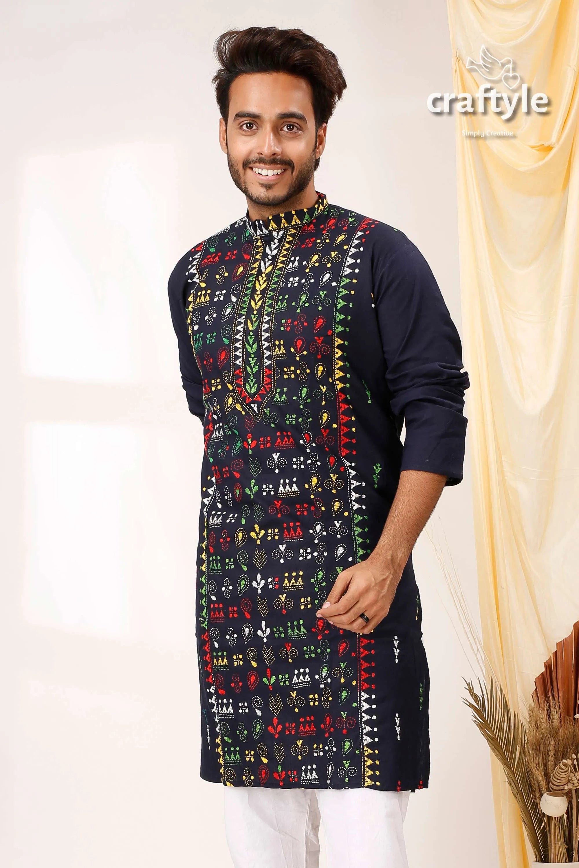 Oxford blue multithread work kantha stitch ethnic cotton kurta for men navy embroidered vibrant 2