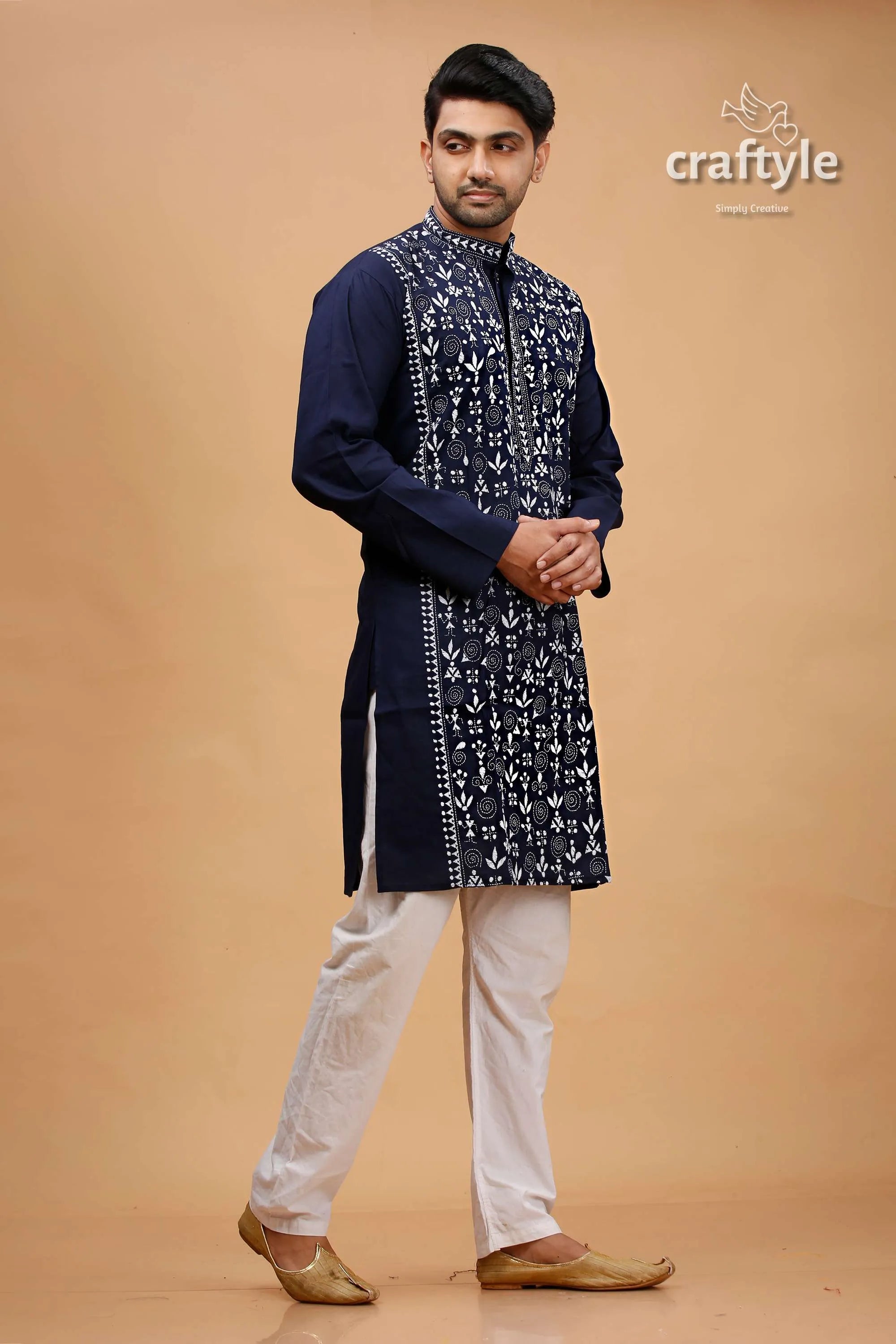 Oxford blue warli design kantha cotton punjabi for men 4