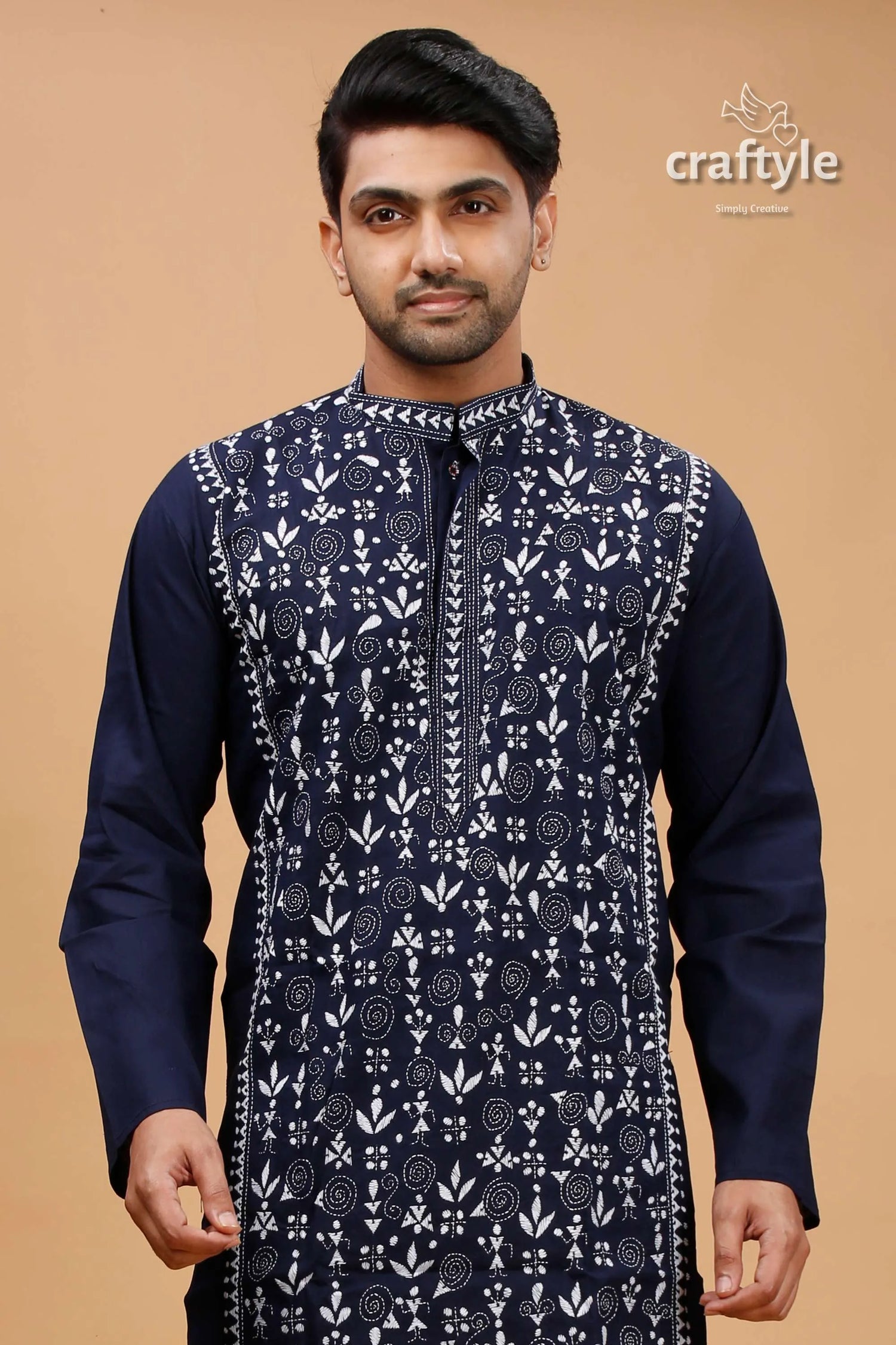 Oxford blue warli design kantha cotton punjabi for men 2