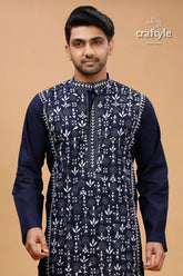 Oxford blue warli design kantha cotton punjabi for men 2