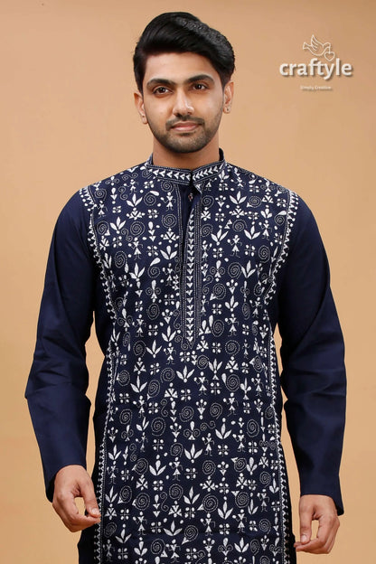 Oxford blue warli design kantha cotton punjabi for men 2