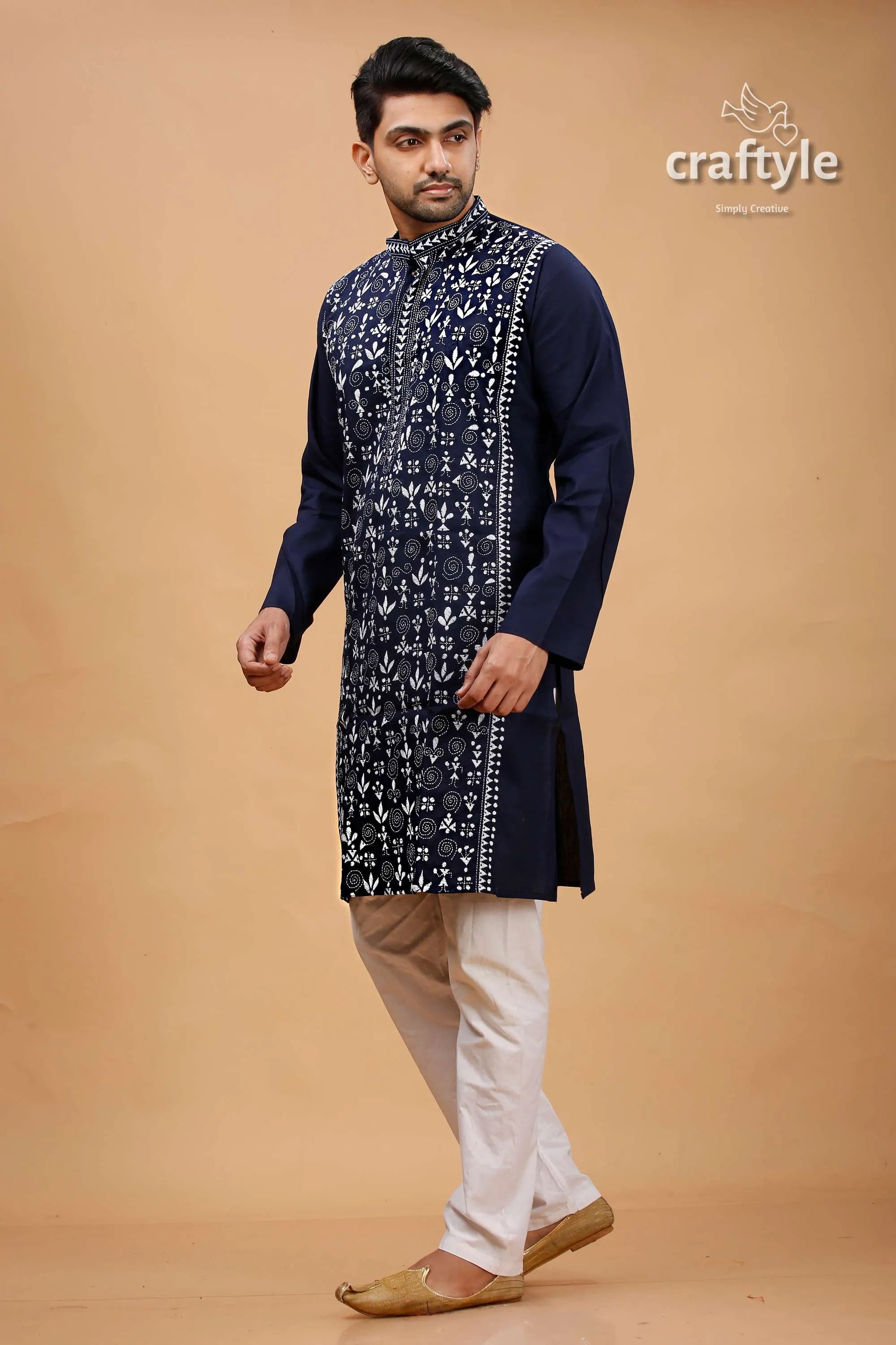Oxford blue warli design kantha cotton punjabi for men 3