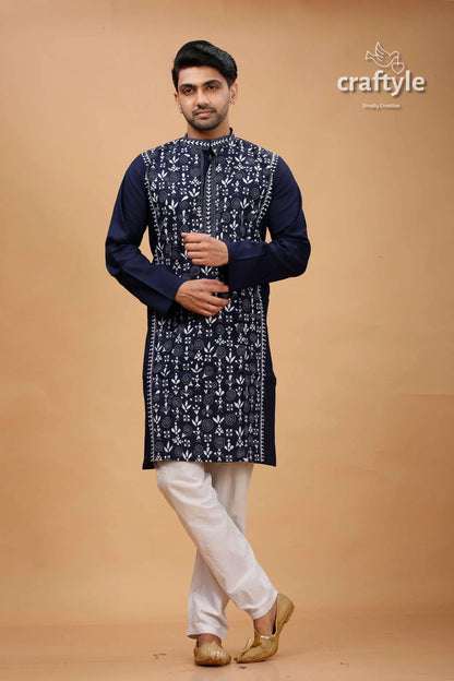 Oxford blue warli design kantha cotton punjabi for men 1