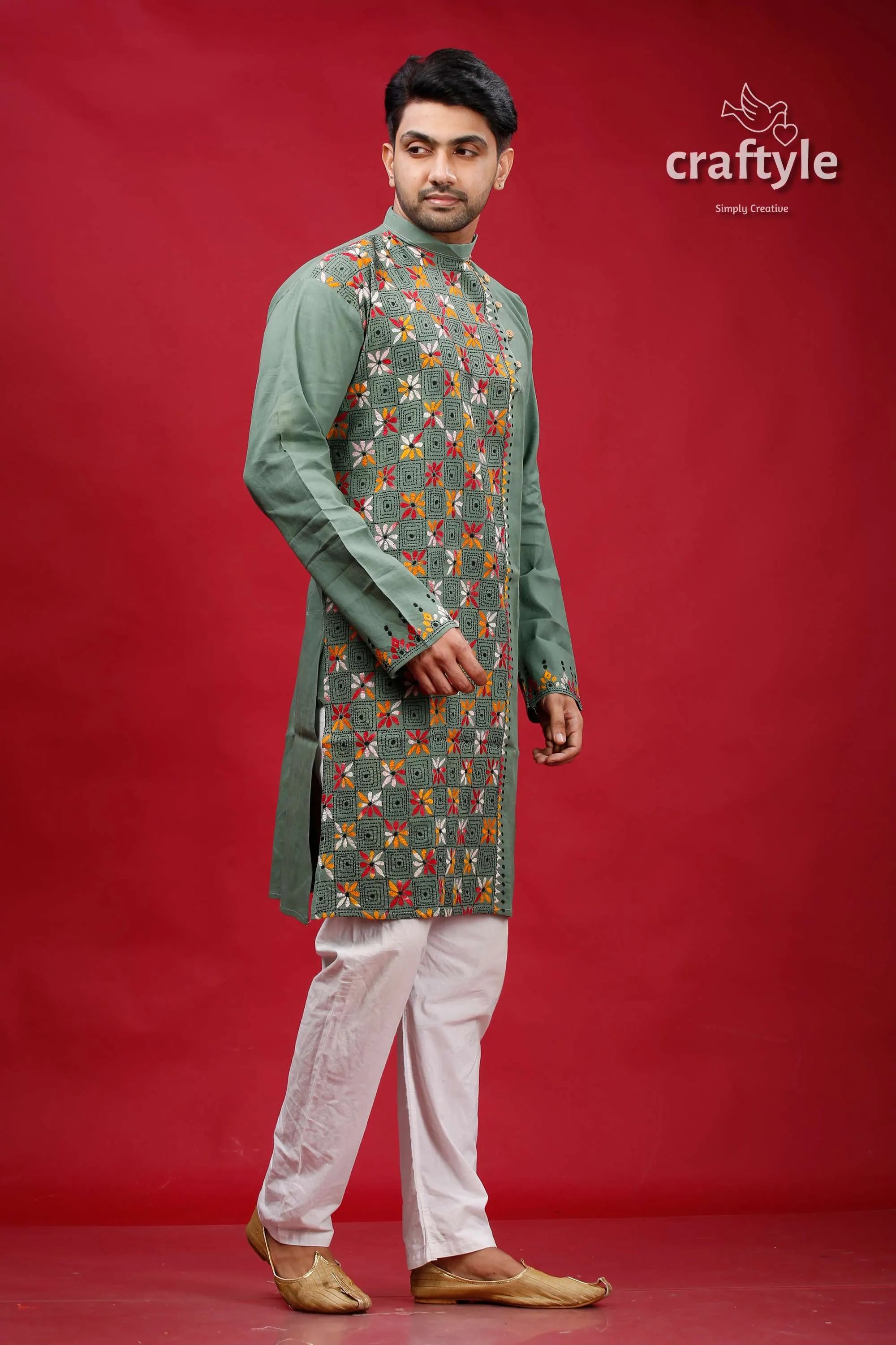 Oxley green kantha stitch cotton panjabi for men man sage kurta intricate 4