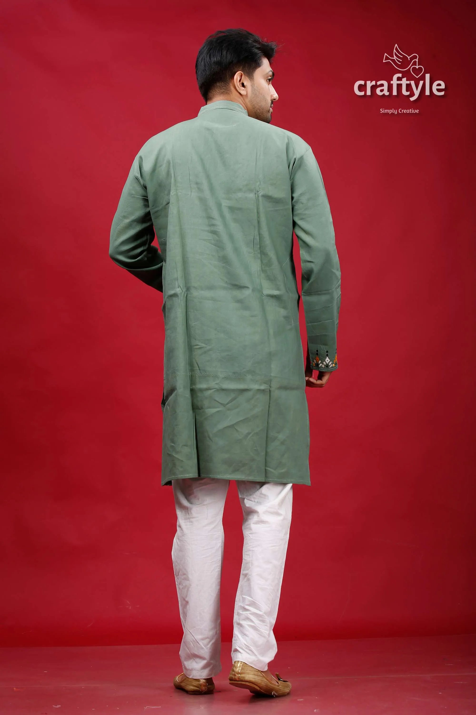 Oxley green kantha stitch cotton panjabi for men olive-green kurta subtle embroidery 6