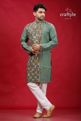Oxley green kantha stitch cotton panjabi for men man sage kurta intricate 3