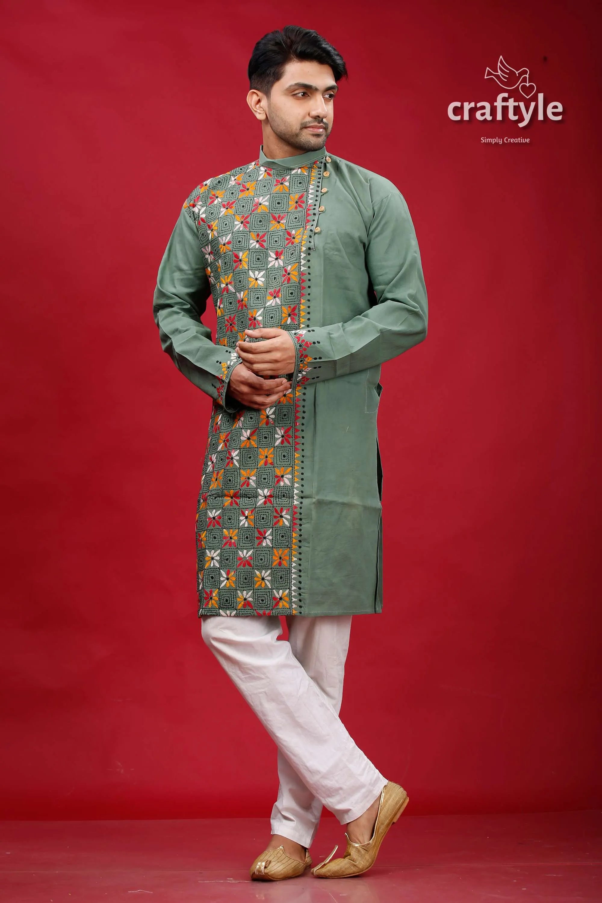 Oxley green kantha stitch cotton panjabi for men man sage kurta intricate 3
