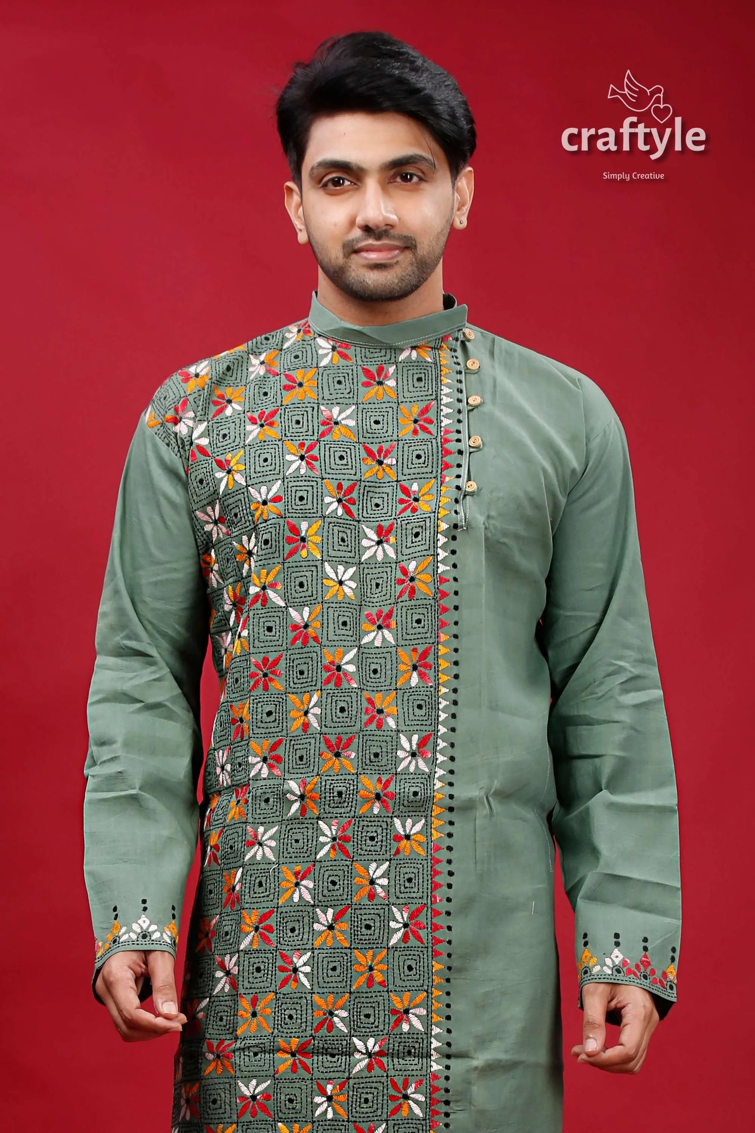 Oxley green kantha stitch cotton panjabi for men olive kurta intricate geometric 2