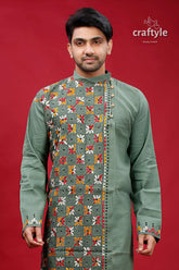 Oxley green kantha stitch cotton panjabi for men olive kurta intricate geometric 2
