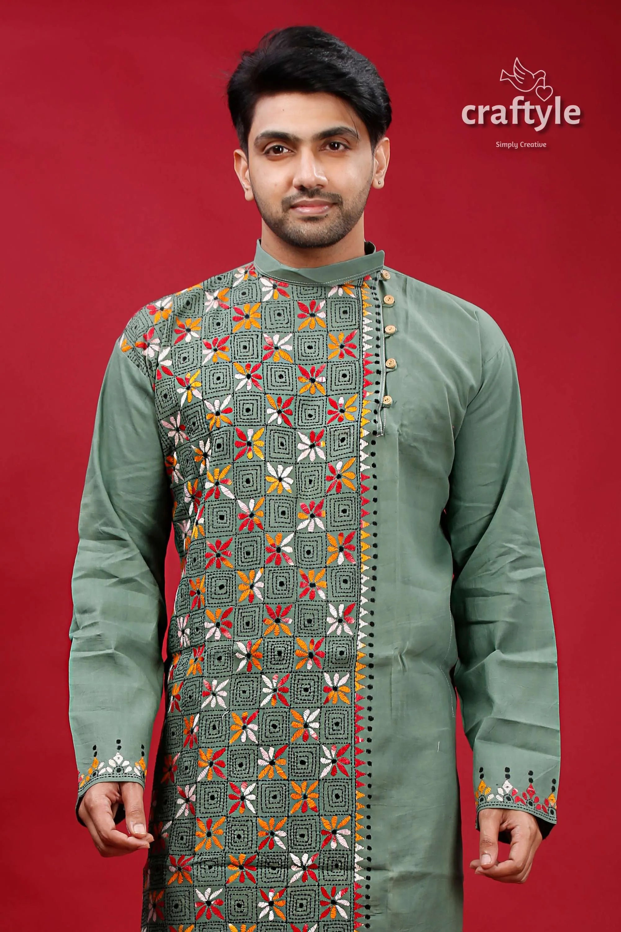 Oxley green kantha stitch cotton panjabi for men olive kurta intricate geometric 2