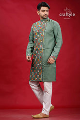 Oxley green kantha stitch cotton panjabi for men olive-green embroidered kurta intricate geometric 5