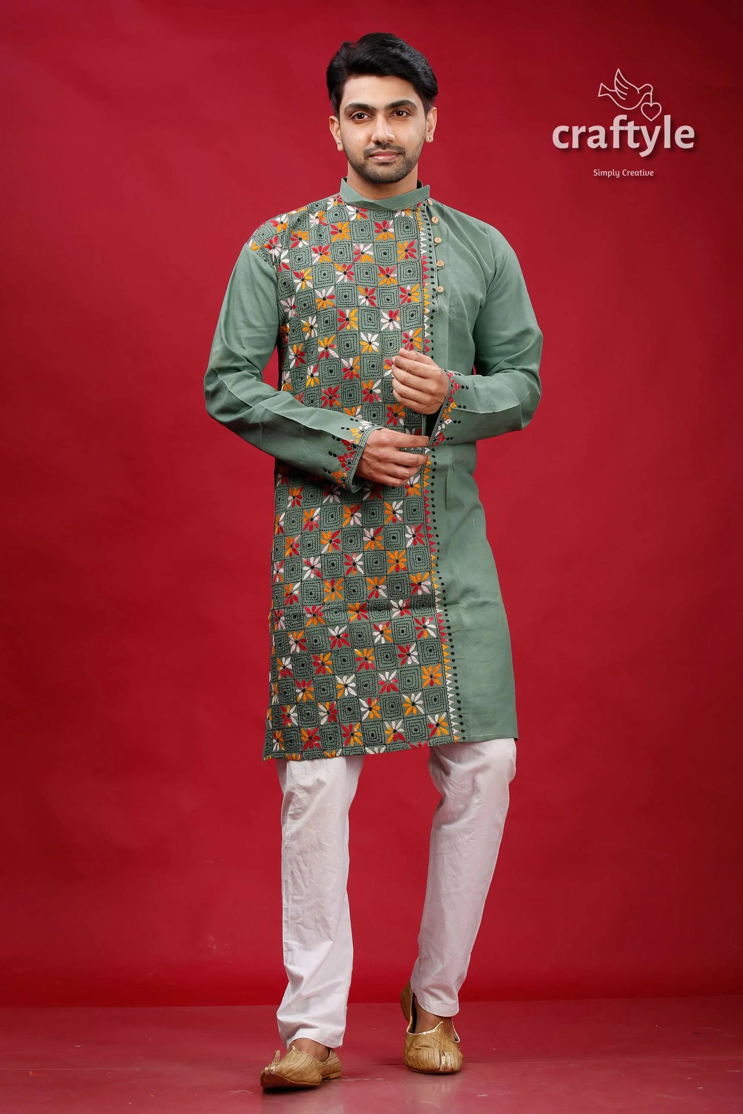 Oxley green kantha stitch cotton panjabi for men man sage kurta intricate 1