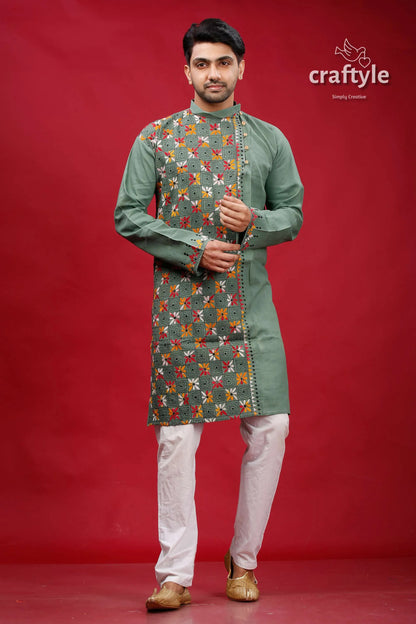 Oxley green kantha stitch cotton panjabi for men man sage kurta intricate 1
