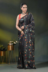 Paisley ethnic design raven black kantha work saree in silk 1