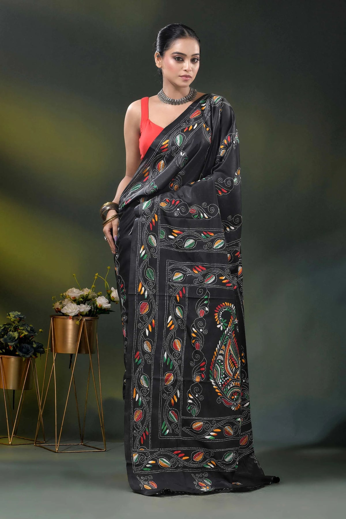 Paisley ethnic design raven black kantha work saree in silk 5