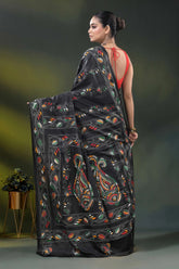 Paisley ethnic design raven black kantha work saree in silk 4