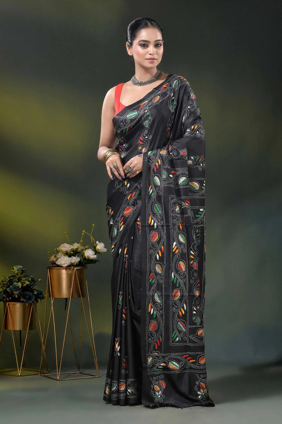 Paisley ethnic design raven black kantha work saree in silk 6
