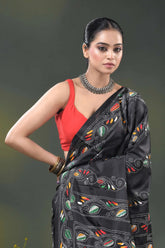 Paisley ethnic design raven black kantha work saree in silk 2