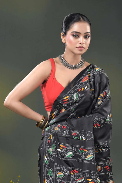 Paisley ethnic design raven black kantha work saree in silk 2