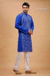 Palatinate blue beige thread kantha stitch cotton panjabi for men man vibrant royal embroidered 4