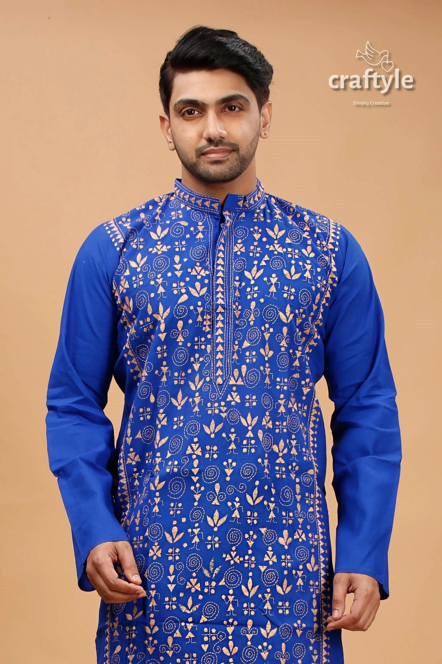Palatinate blue beige thread kantha stitch cotton panjabi for men traditional kurta intricate 2