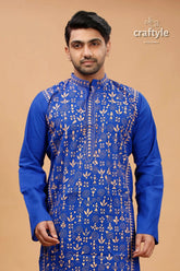 Palatinate blue beige thread kantha stitch cotton panjabi for men traditional kurta intricate 2