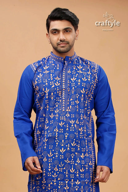 Palatinate blue beige thread kantha stitch cotton panjabi for men traditional kurta intricate 2