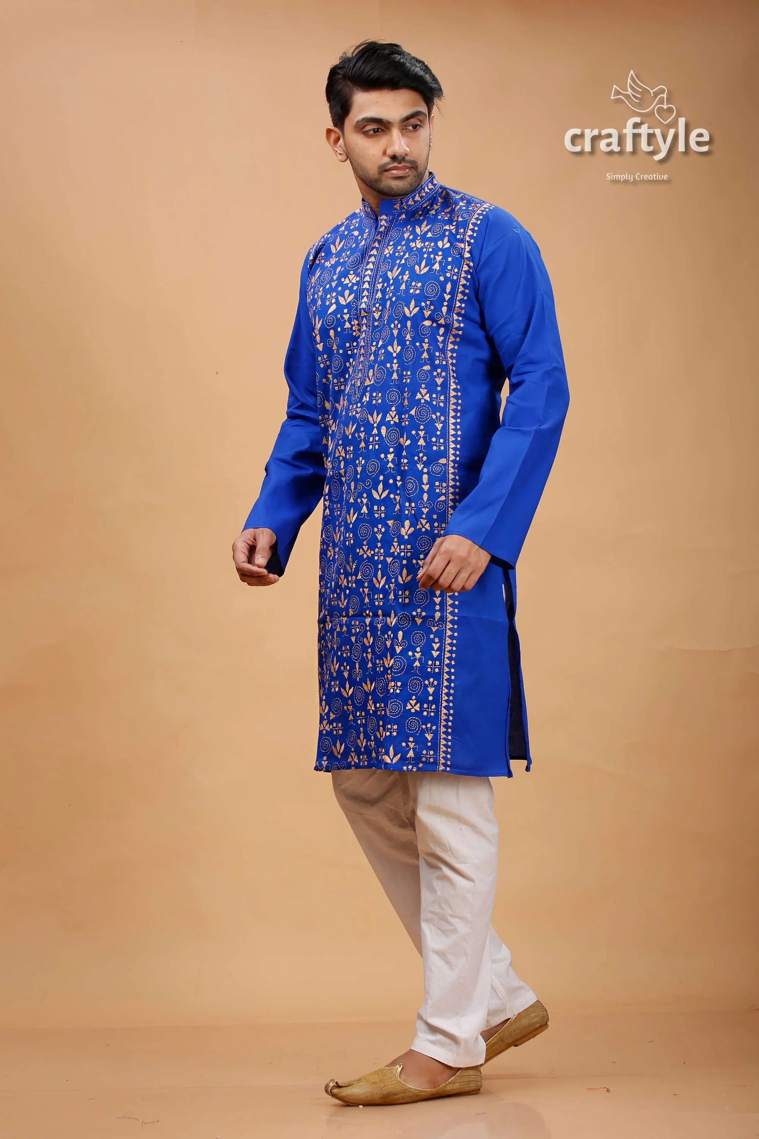 Palatinate blue beige thread kantha stitch cotton panjabi for men vibrant royal embroidered kurta 3
