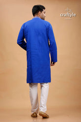 Palatinate blue beige thread kantha stitch cotton panjabi for men vibrant royal traditional kurta 5