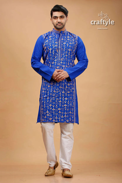 Palatinate blue beige thread kantha stitch cotton panjabi for men man vibrant royal embroidered 1