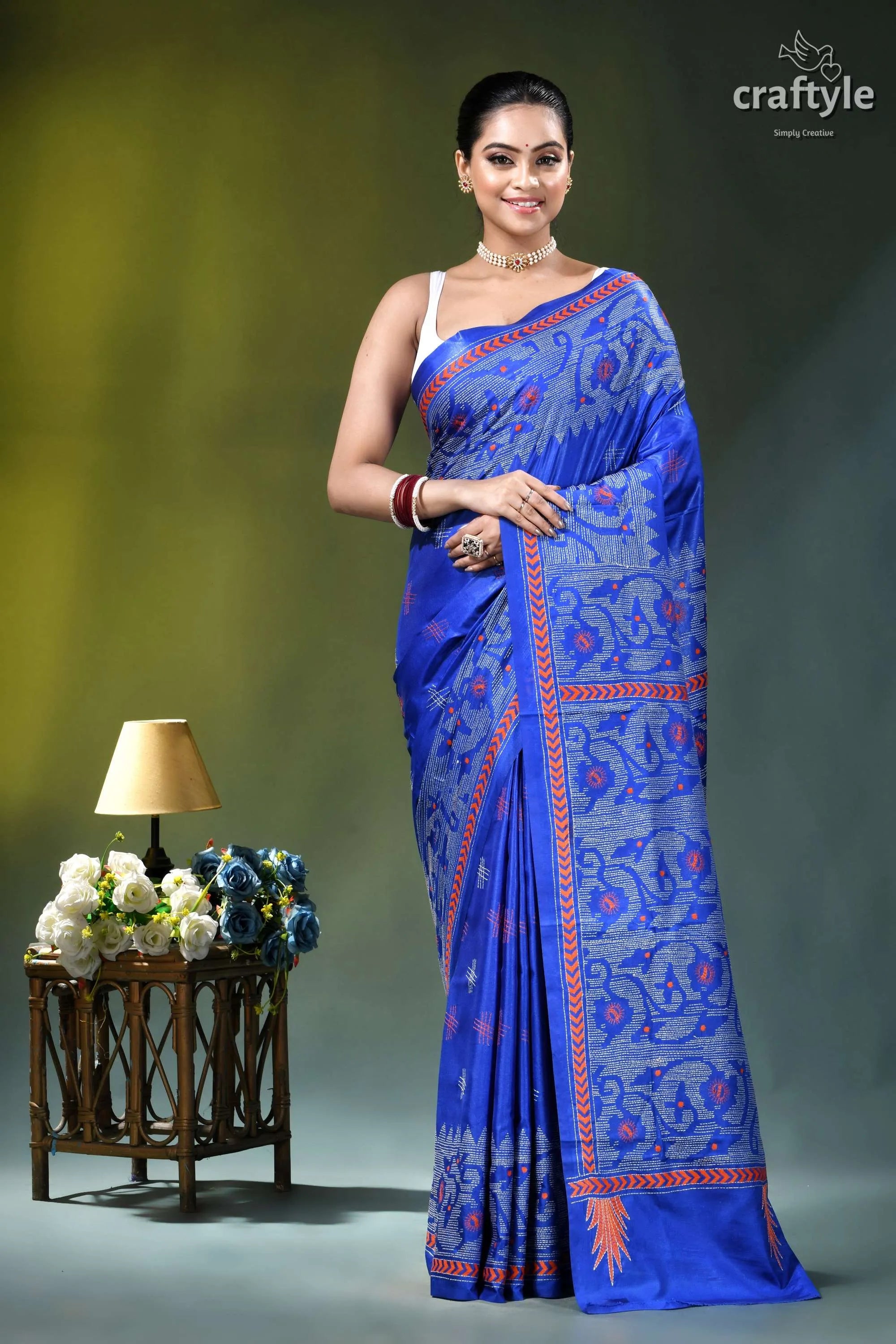 Palatinate blue jamdani motif heritage kantha stitch silk saree vibrant royal blue saree intricate 1