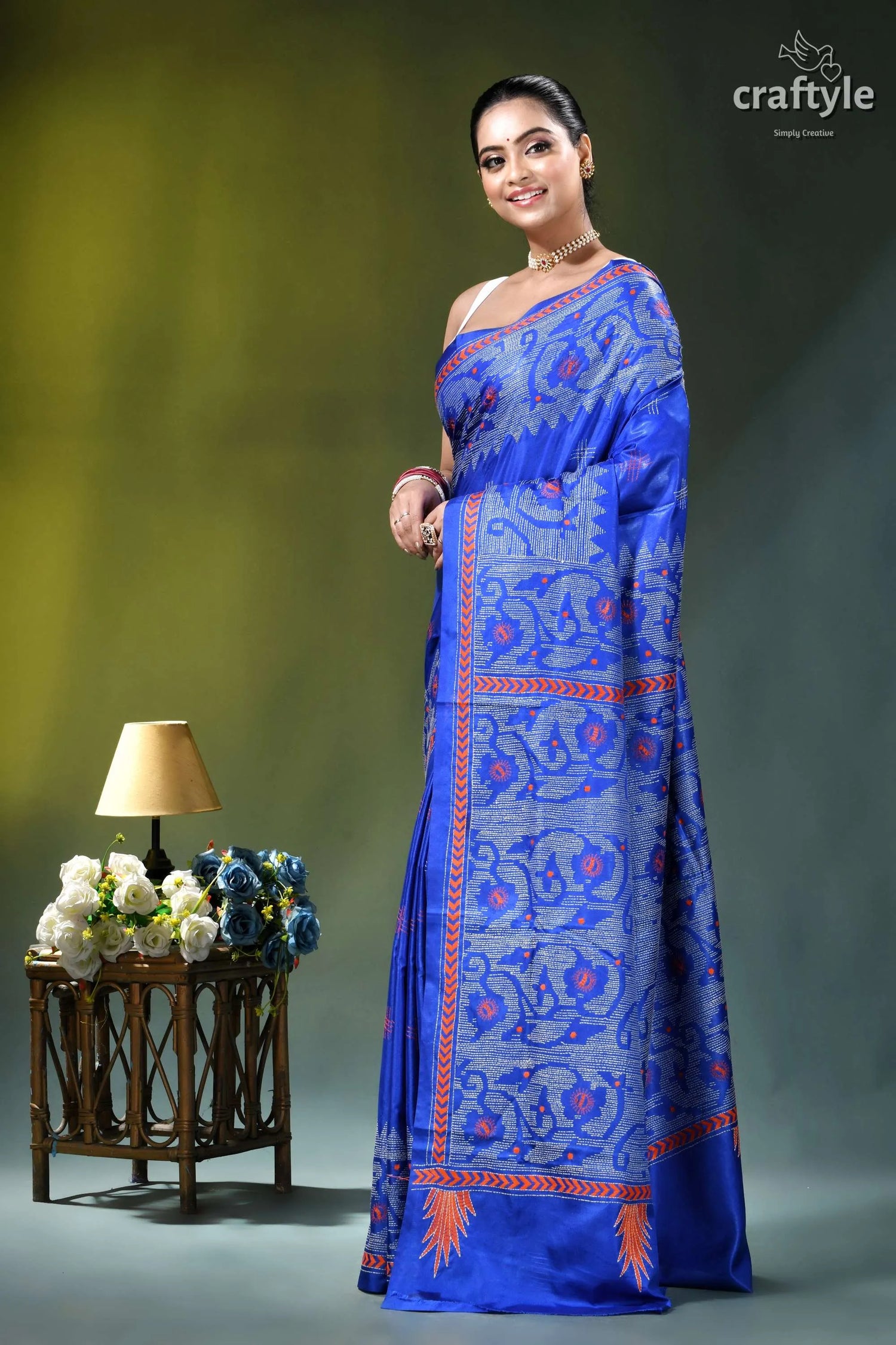 Palatinate blue jamdani motif heritage kantha stitch silk saree vibrant royal blue saree intricate 4