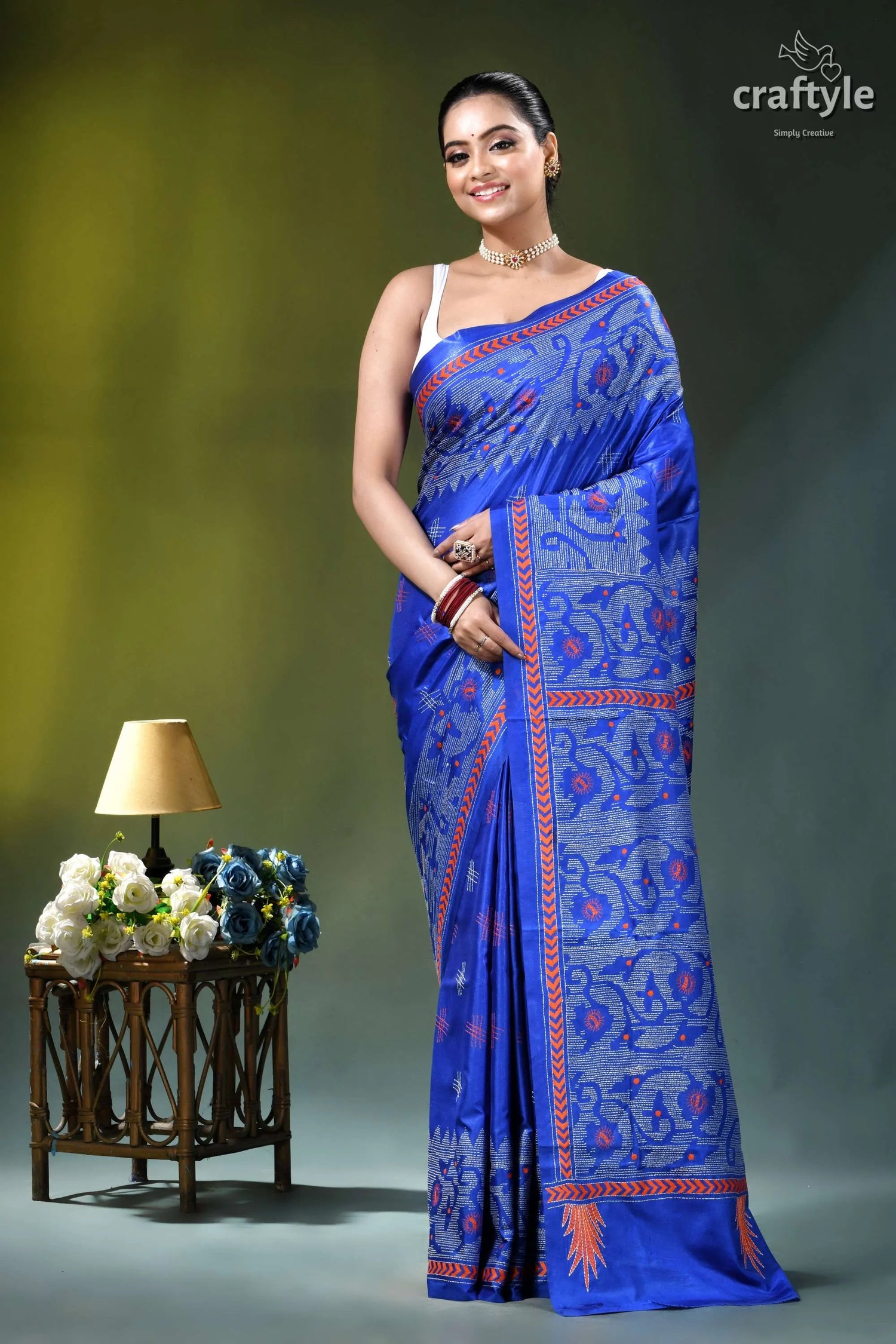 Palatinate blue jamdani motif heritage kantha stitch silk saree vibrant royal blue saree intricate 6