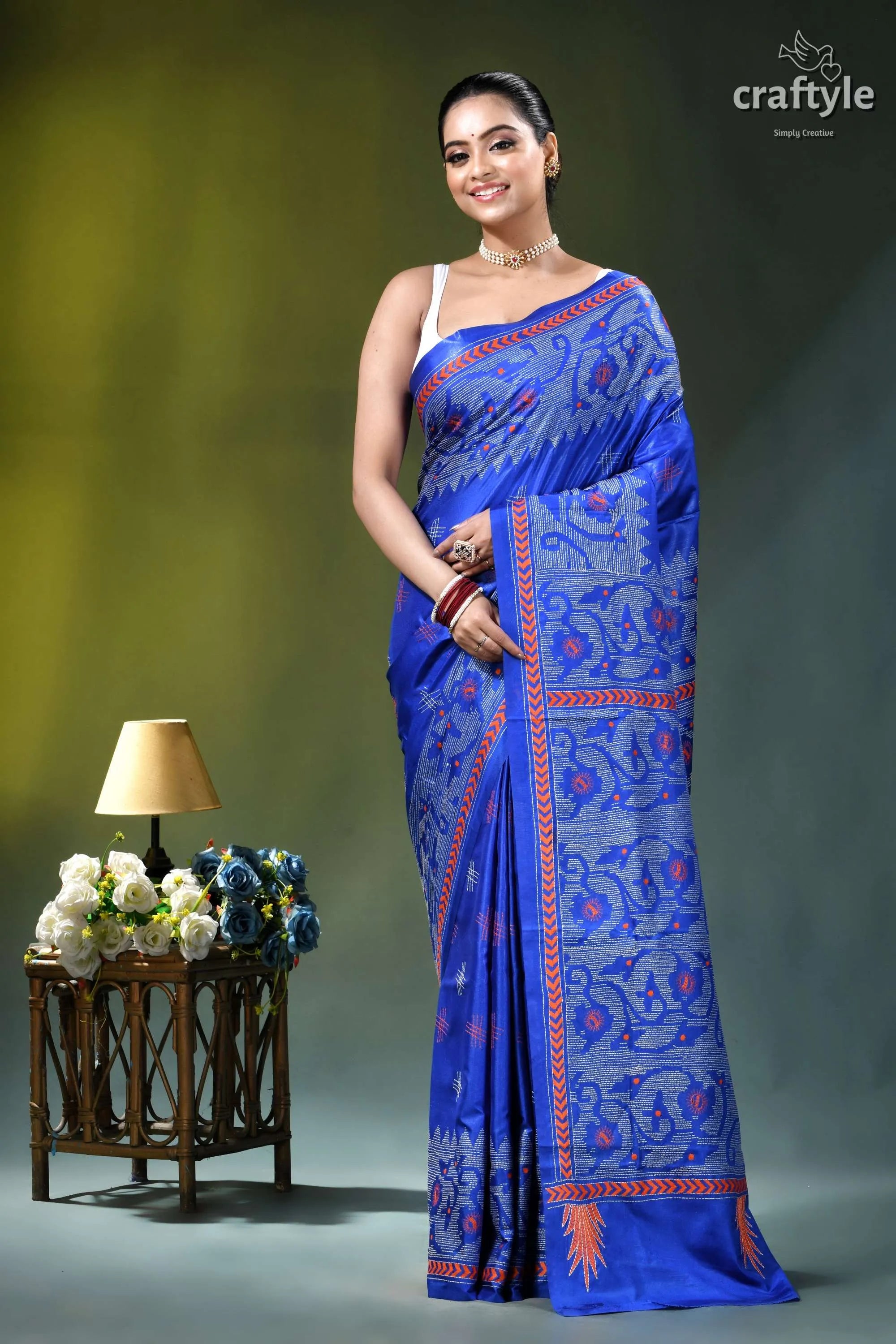 Palatinate blue jamdani motif heritage kantha stitch silk saree vibrant royal blue saree intricate 6