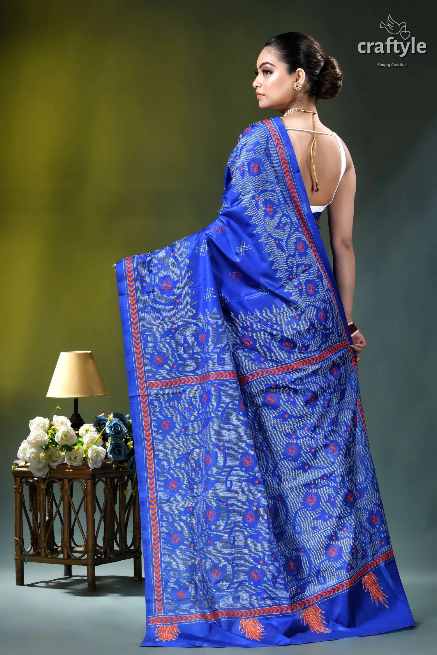 Palatinate blue jamdani motif heritage kantha stitch silk saree vibrant royal blue saree intricate 5