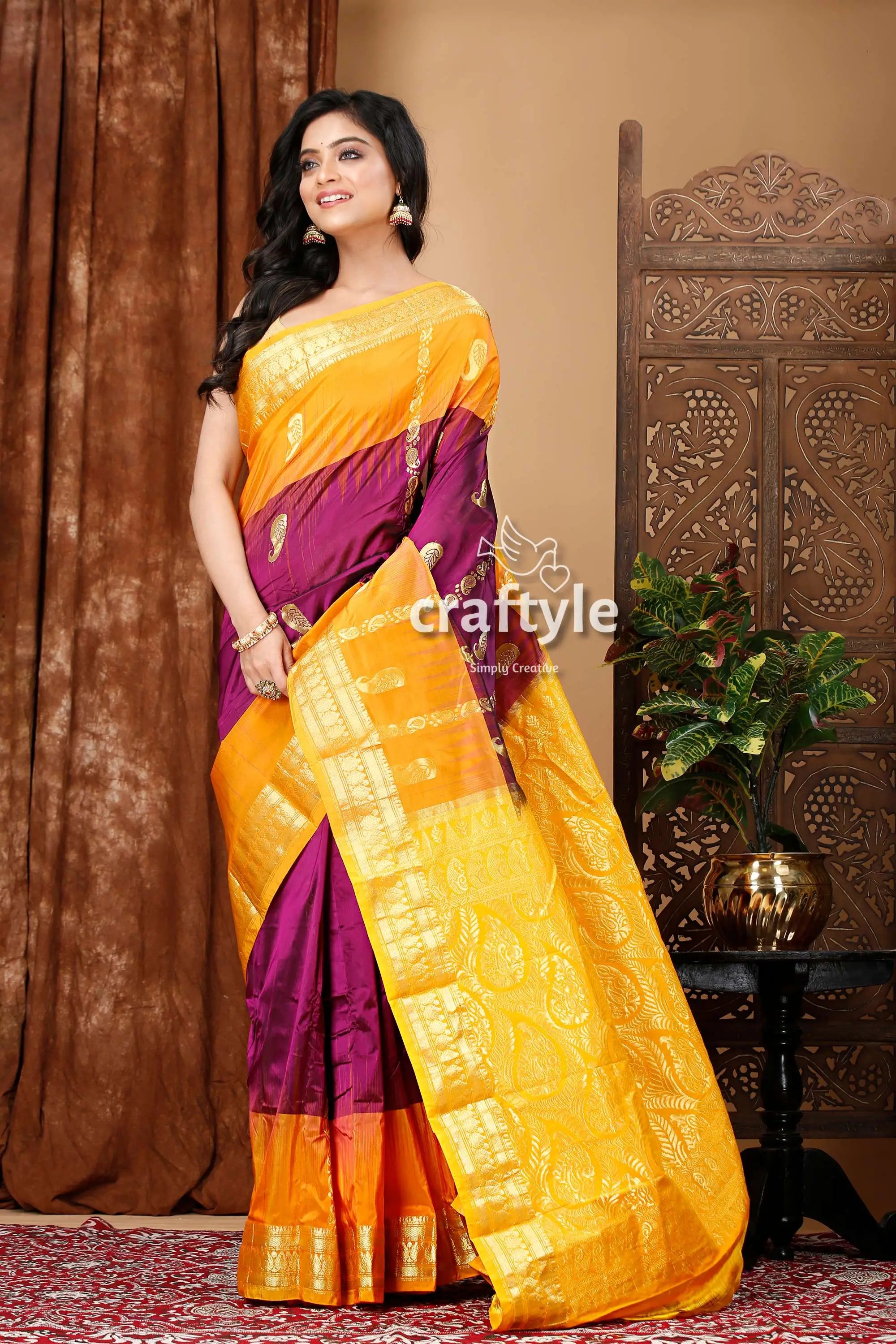 Palatinate purple and saffron kanjivaram silk saree - traditional ethnic wear woman yellow saree 4