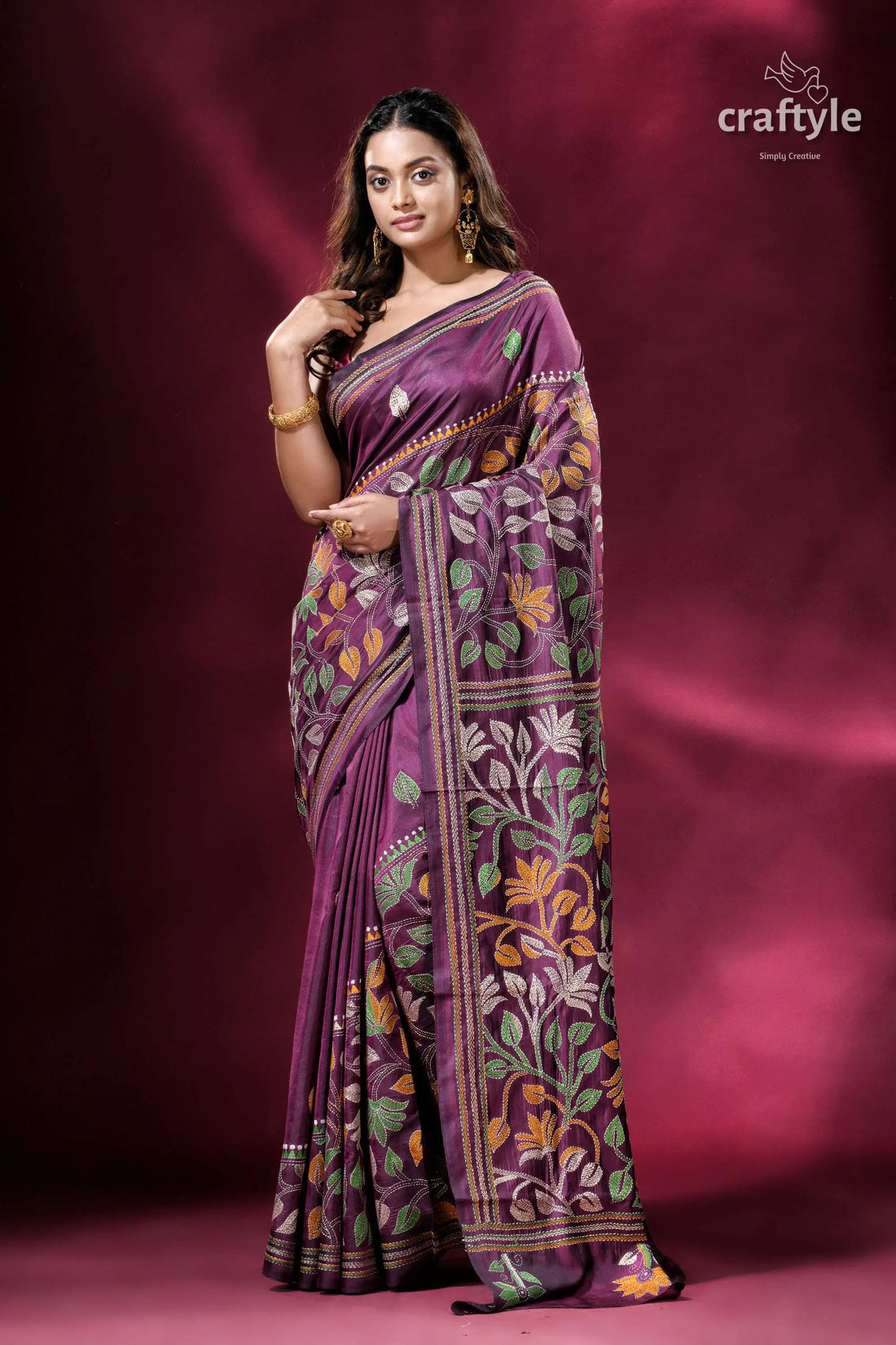 Palatinate purple multicolor floral silk kantha saree purple floral-patterned saree 1