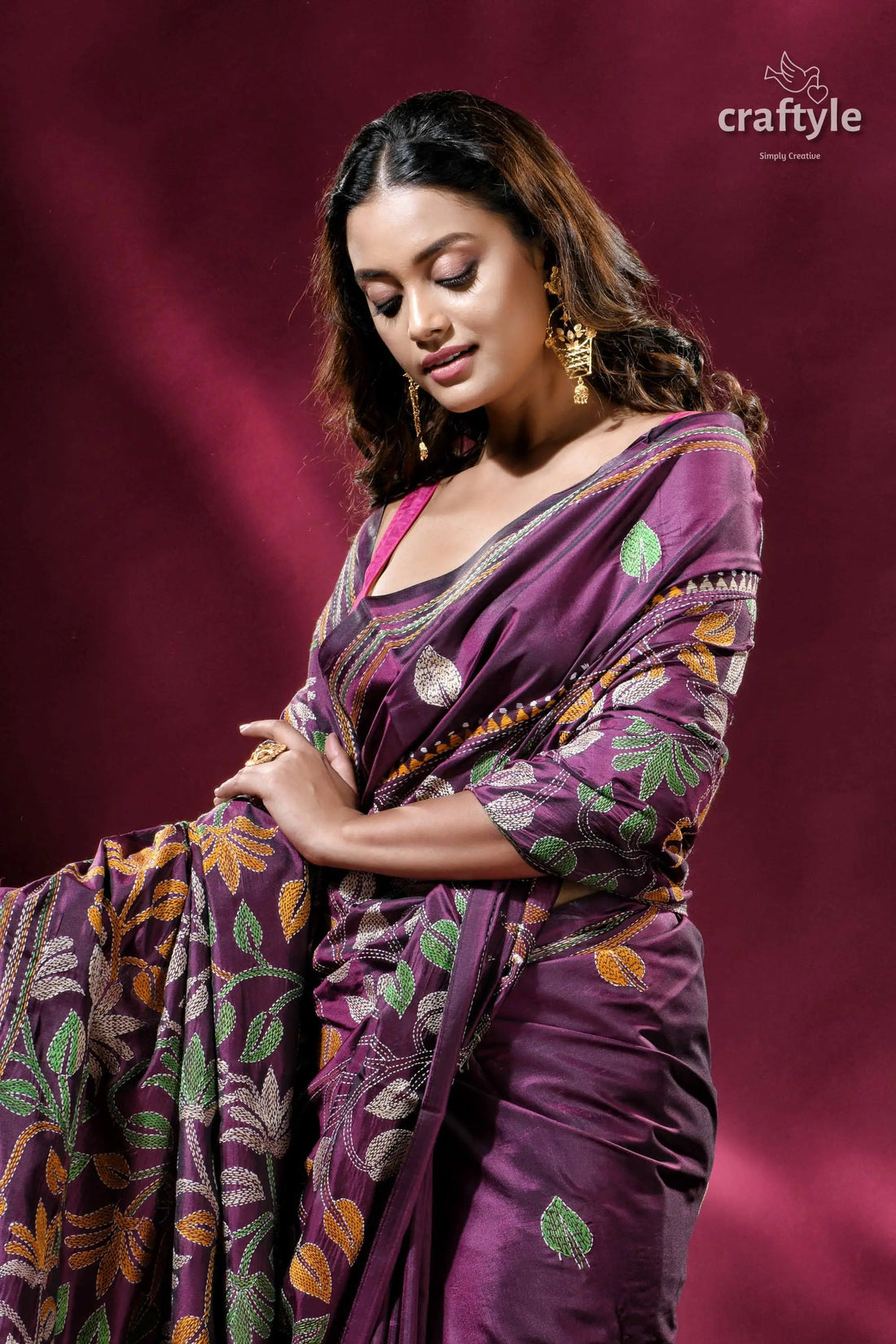 Palatinate purple multicolor floral silk kantha saree purple saree leaf embroidery 2