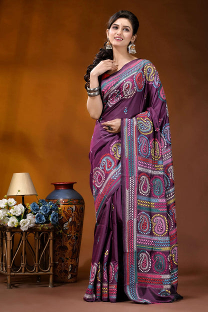 Palatinate purple multithread paisley design kantha embroidery silk saree rich purple saree adorned intricate 6