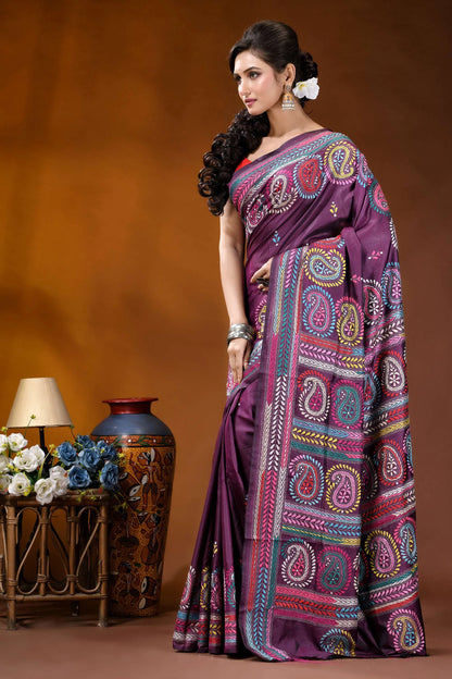 Palatinate purple multithread paisley design kantha embroidery silk saree richly embroidered purple saree intricate 3