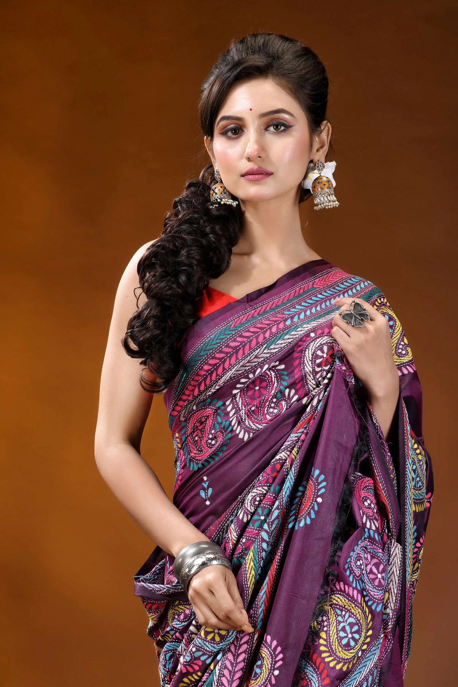 Palatinate purple multithread paisley design kantha embroidery silk saree vibrant purple saree adorned intricate 2