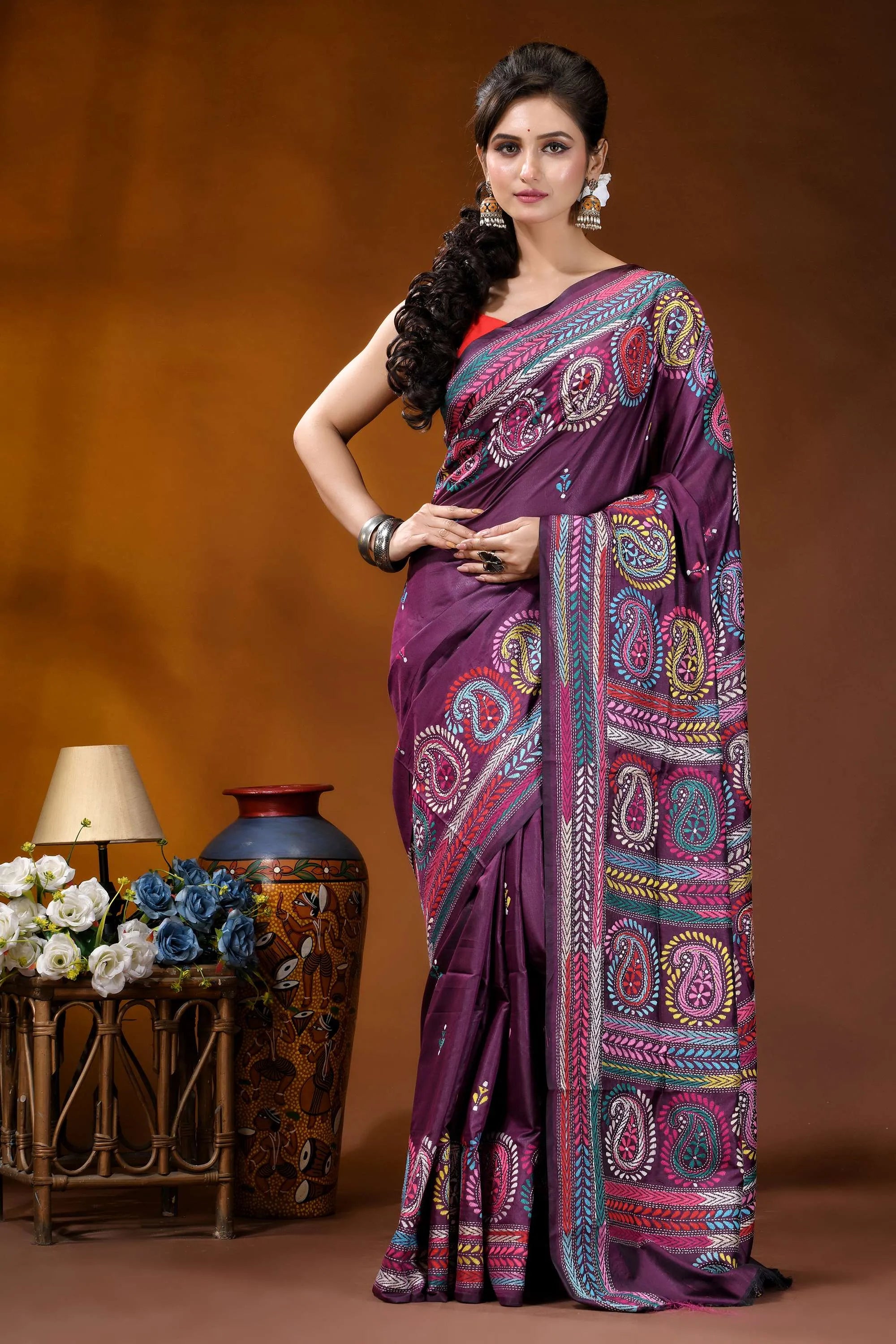 Palatinate purple multithread paisley design kantha embroidery silk saree rich purple saree adorned intricate 1