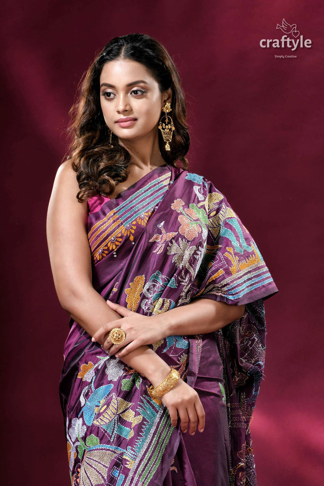 Palatinate purple village theme classic silk kantha sari elegant purple saree intricate floral 2