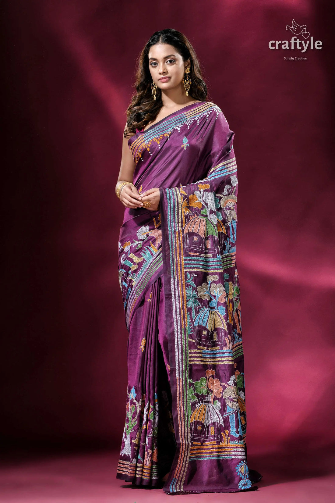 Palatinate purple village theme classic silk kantha sari purple saree painted designs 1