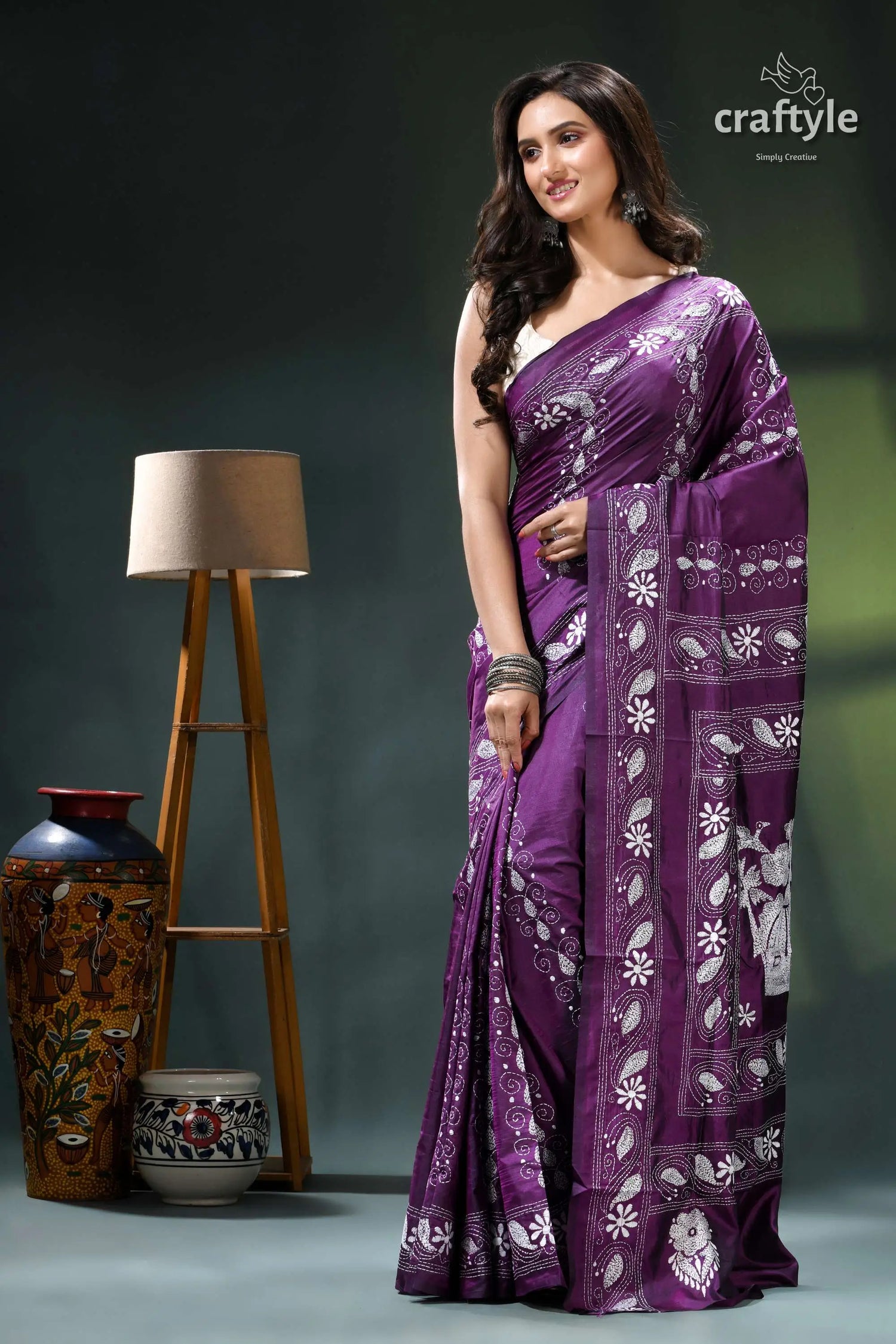 Palatinate purple village theme shantiniketan kantha silk saree purple floral saree white accents 3