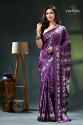 Palatinate purple village theme shantiniketan kantha silk saree purple floral saree silver accents 6