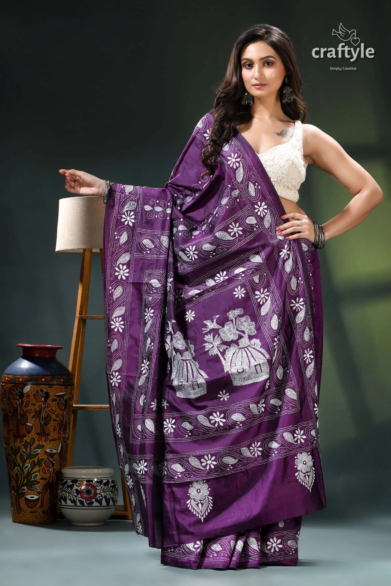 Palatinate purple village theme shantiniketan kantha silk saree purple white saree floral design 4